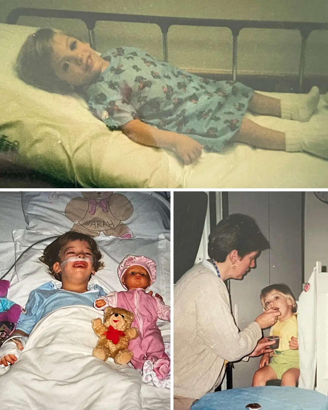 Three photos: a young child in a hospital bed in two images, one alone and one with a doll; in the third image, an adult feeds the child with a spoon.